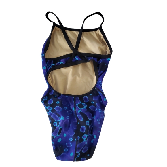 VTG Speedo Girls 1 Piece Purple Blue Abstract Geometric Pickaboo Back Swimsuit - Picture 2 of 9